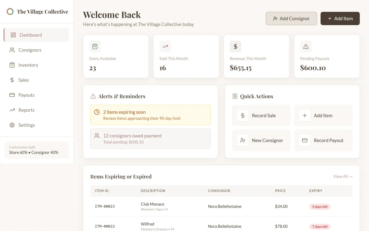 The Consignloop dashboard: items available, sold this month, revenue, pending payouts and quick actions.