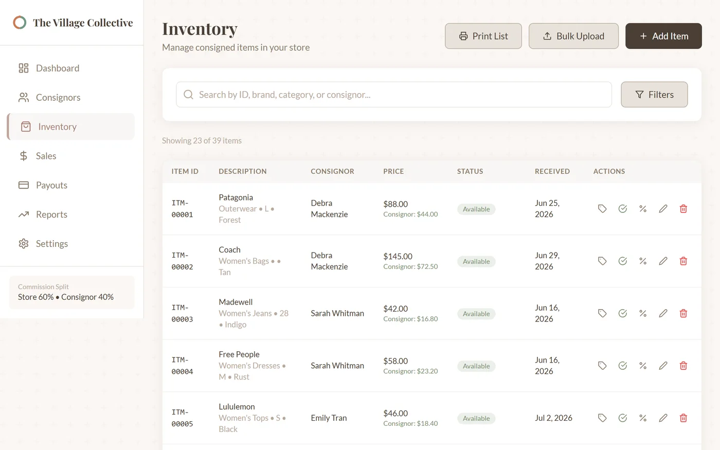 Consignloop inventory list with brand, consignor, price, split, status and the 90-day clock.