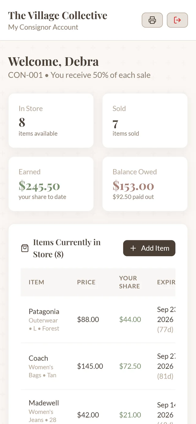 The consignor portal on a phone: a consignor sees items in store, items sold, total earned, and the balance owed to them.