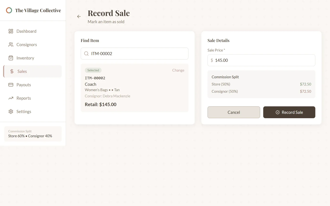 Recording a sale in Consignloop with the store/consignor split calculated automatically.